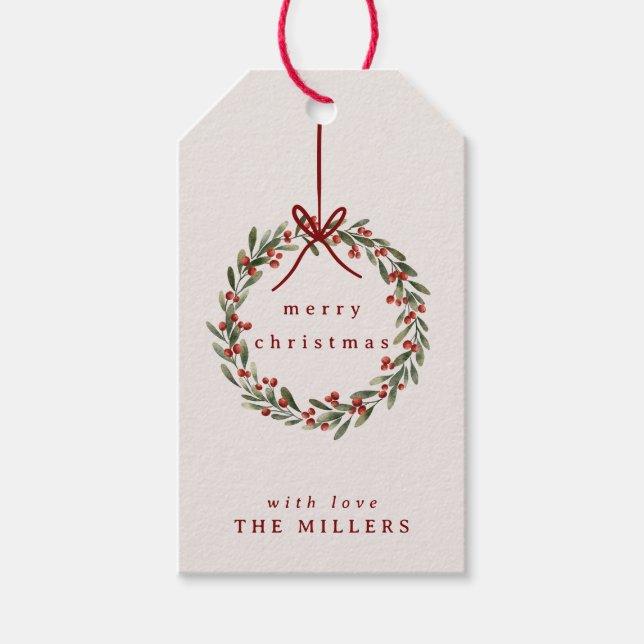 Étiquettes-cadeau Couronne feuillage de Noël avec arc rouge (Devant)