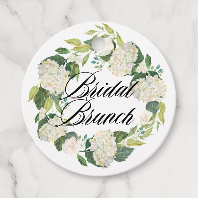 Étiquettes Cadeau Couronne florale d'hortensia blanc pour brunch de  (Devant)