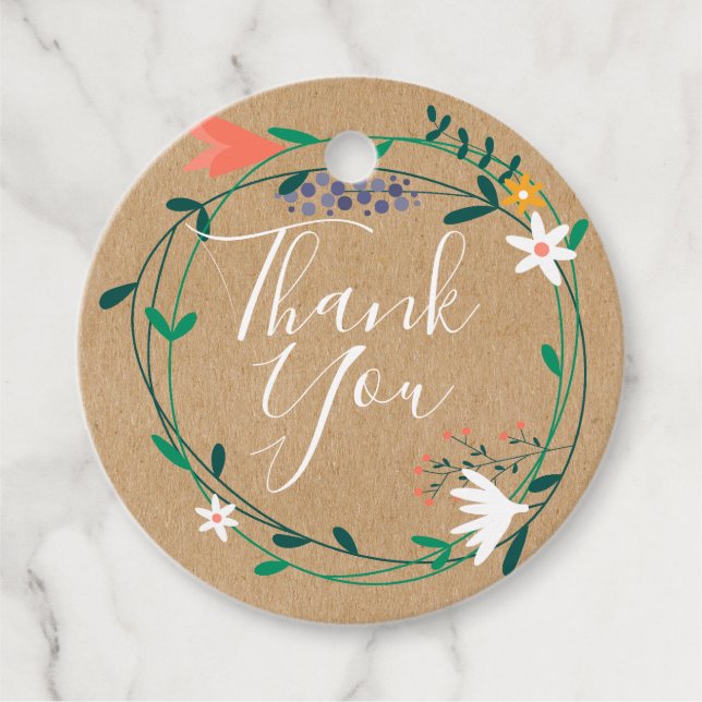 Étiquettes Cadeau Couronne florale printanière fraîche Merci rustiqu (Devant)