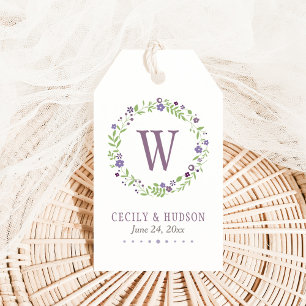 Étiquettes-cadeau Couronne florale violette verte rustique, Monogram