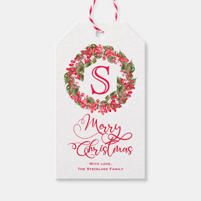 Étiquettes-cadeau Couronne Monogramme de mélèze de Noël (Devant)