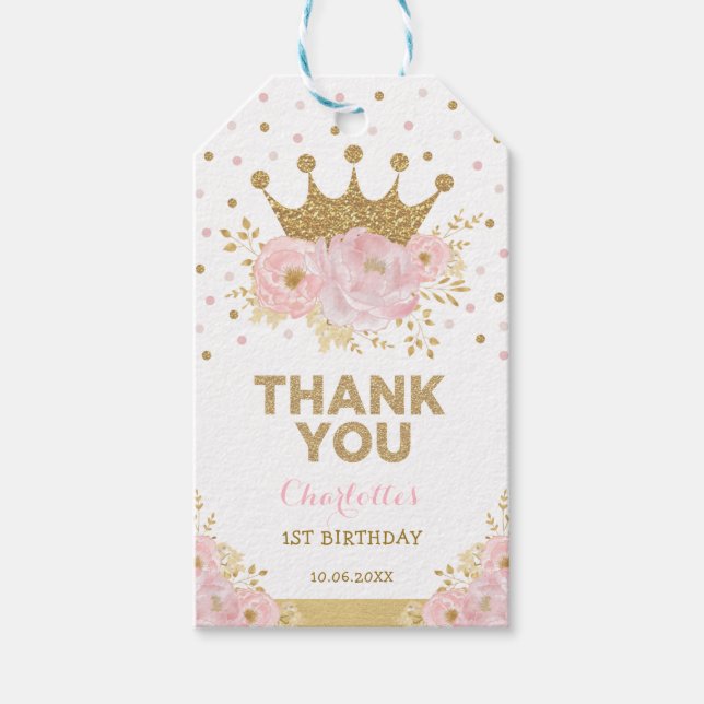 Étiquettes-cadeau Couronne Princesse Bébé Fille 1er Anniversaire Or  (Devant)