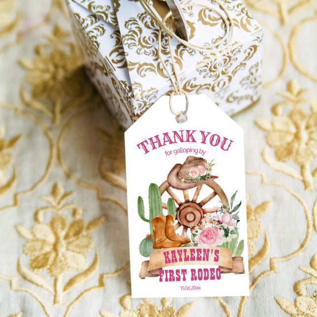 Étiquettes-cadeau Cowgirl 1st rodéo cheval fête de ferme merci (Créateur téléchargé)
