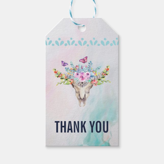 Étiquettes-cadeau Crâne Boho avec papillons et Merci de fleurs (Devant)