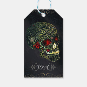 Étiquettes-cadeau Crâne d'araignée orné de bijoux et roses, fête gla