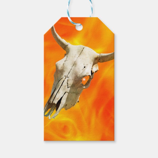 Étiquettes-cadeau Crâne de vache et feu (Devant)