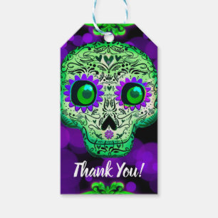 Étiquettes-cadeau Crâne en Sucre Vert & Violet Lumineux Soirée Hallo