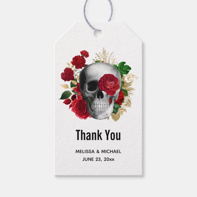 Étiquettes-cadeau Crâne gothique avec des fleurs rouges Merci (Devant)