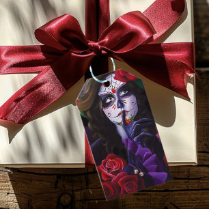 Étiquettes-cadeau Crâne sucre Roses rouges pourpre