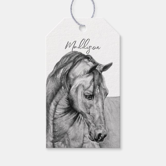 Étiquettes-cadeau Crayon graphique de l'art du cheval dessin noir et (Devant)