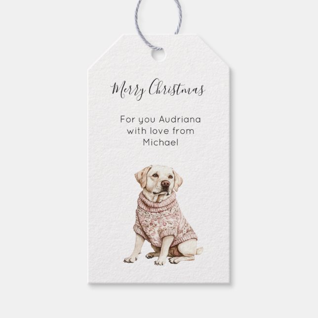 Étiquettes-cadeau Cream White Dog Pink Floral Christmas  (Devant)