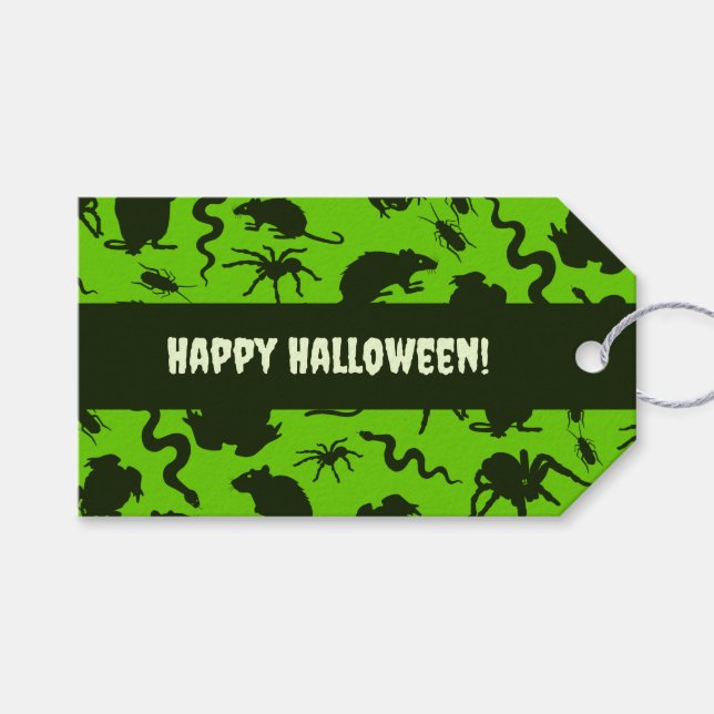 Étiquettes-cadeau Creepy Crawlies Happy Halloween! Black Pattern (Devant (Horizontal))