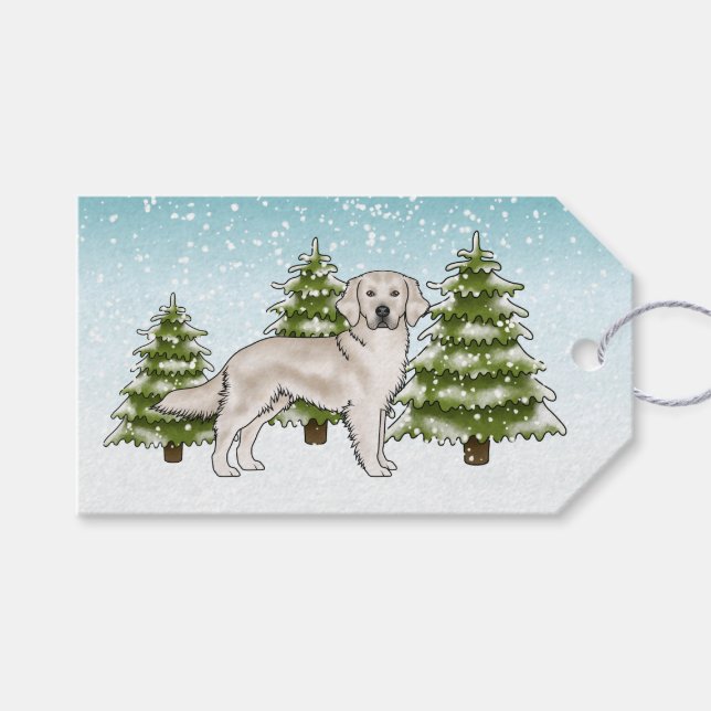 Étiquettes-cadeau Crème Golden Retriever Chien Blue Snowy Noël (Devant (Horizontal))