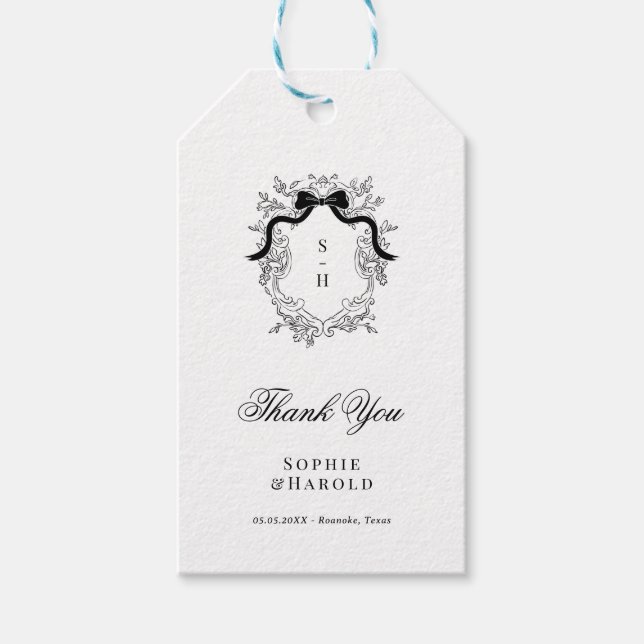 Étiquettes-cadeau Crest Monogram French Bow Ribbon Mariage Merci (Devant)