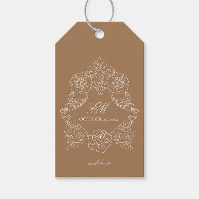 Étiquettes-cadeau Crest Monogramme Ornement Golden Brown Mariage Log (Devant)