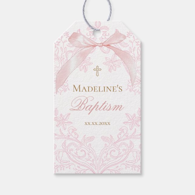 Étiquettes-cadeau crête rose aquarelle | Baptême (Devant)