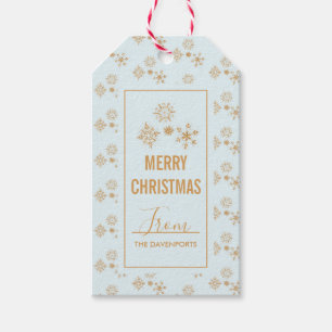 Étiquettes-cadeau Cristaux de flocon d'or sur bleu glacé - Noël