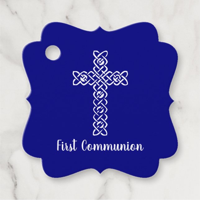 Étiquettes Cadeau Croix | Baptême de communion bleu marine (Devant)