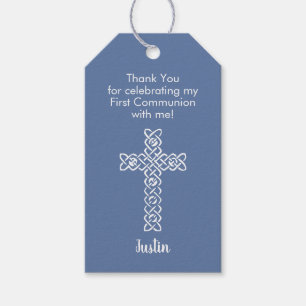 Étiquettes-cadeau Croix   Baptême de communion gris bleu