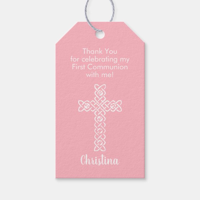 Étiquettes-cadeau Croix blanche | Pink Communion Baptism Christening (Devant)