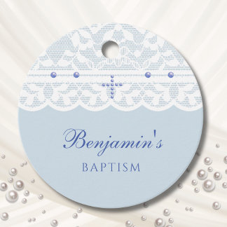 Étiquettes Cadeau Croix Bleu Poussiéreux Baptême Chrétien Merci