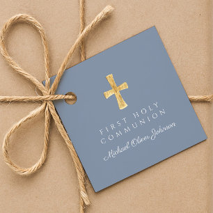 Étiquettes Cadeau Croix Bleu Poussiéreux Moderne Garçon Première Com