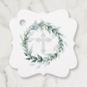 Étiquettes Cadeau Croix Bleue de couronne Communion Baptême Christen