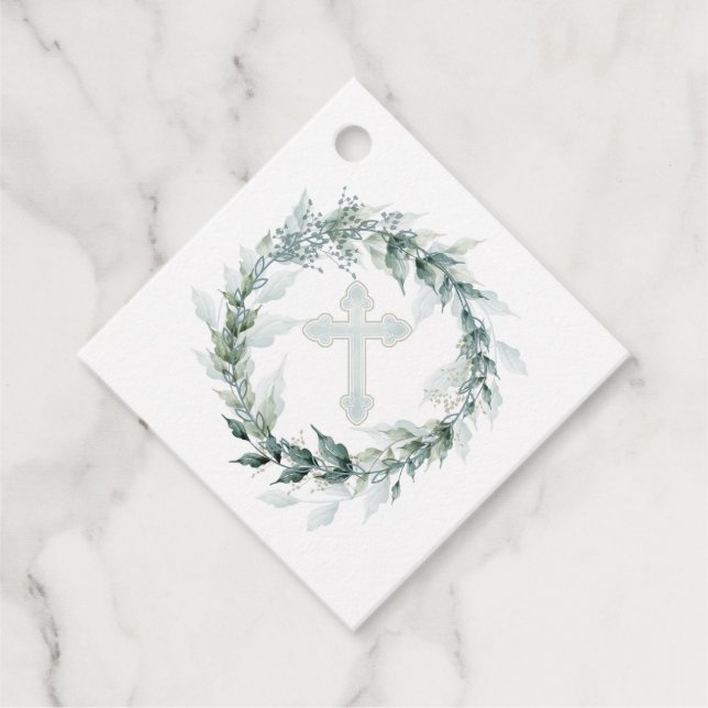 Étiquettes Cadeau Croix Bleue de couronne Communion Baptême Christen (Devant)