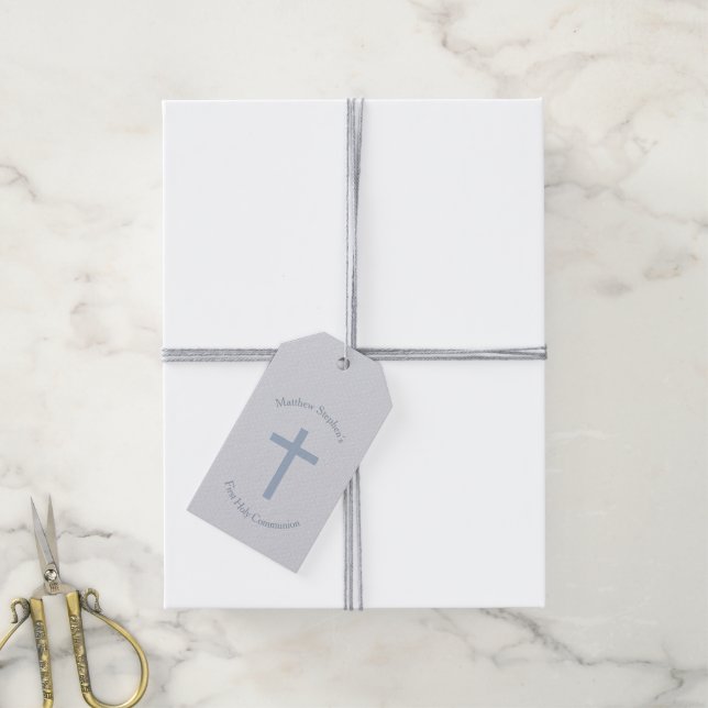 Étiquettes-cadeau Croix Bleue Pastel Communion (Avec de la ficelle)