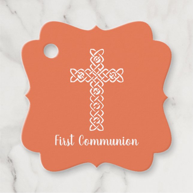 Étiquettes Cadeau Croix | Bright Peach Communion Baptême Christening (Devant)
