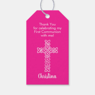 Étiquettes-cadeau Croix Chaud rose Communion Baptême Christening