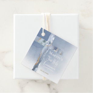 Étiquettes Cadeau croix d'agate bleu poussiéreux Première communion