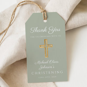 Étiquettes-cadeau Croix de baptême en bois vert sage religieux
