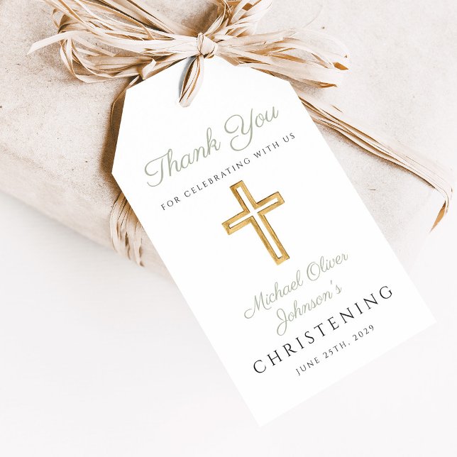 Étiquettes-cadeau Croix de bois verte Sage religieux Christening (Religious Sage Green Wood Cross Christening Gift Tags)