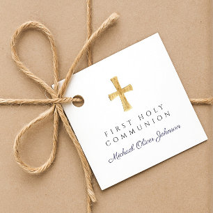 Étiquettes Cadeau Croix de première communion garçon écriture bleu m