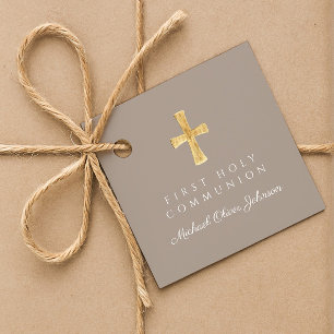 Étiquettes Cadeau Croix de première communion garçon écriture taupe 