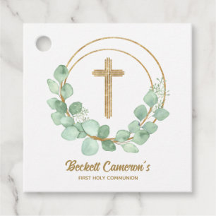 Étiquettes Cadeau Croix d'or communion eucalyptus