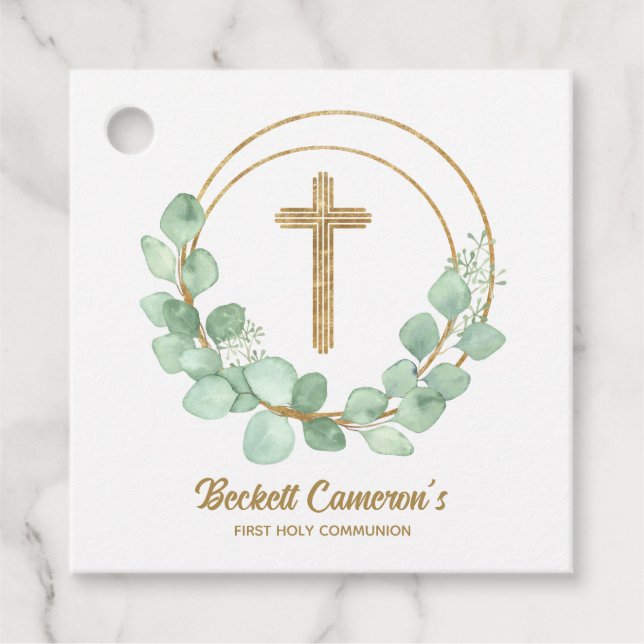 Étiquettes Cadeau Croix d'or communion eucalyptus (Devant)