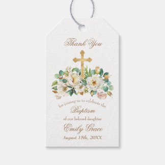 Étiquettes-cadeau Croix d'or et Baptême blanc floral