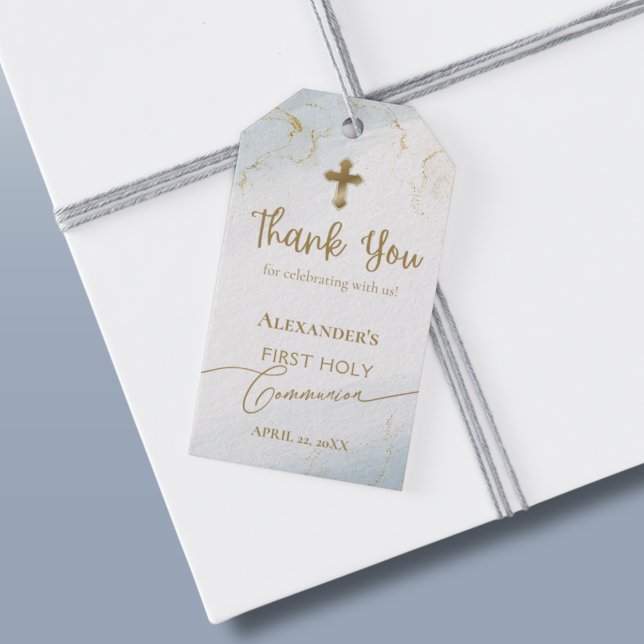 Étiquettes-cadeau Croix d'or Merci bleu premier sainte communion (Créateur téléchargé)