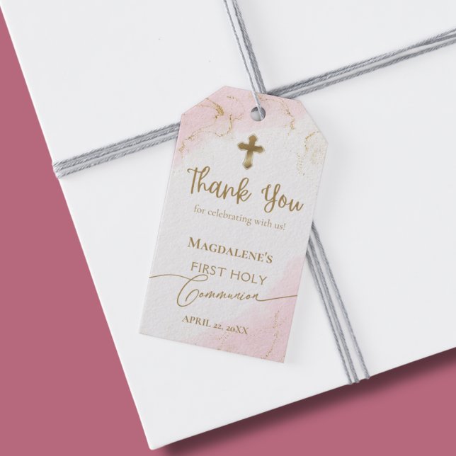 Étiquettes-cadeau Croix d'or Merci rose Première communion fille (Créateur téléchargé)