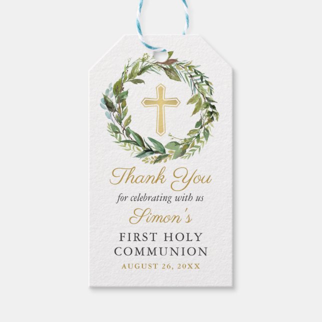 Étiquettes-cadeau Croix d'or Verdure Wreath Première Communion saint (Devant)