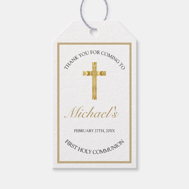 Étiquettes-cadeau Croix dorée élégante Première Sainte Communion Bla (Devant)