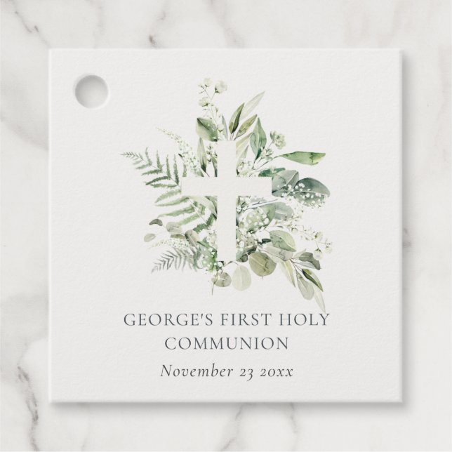 Étiquettes Cadeau Croix du feuillage Eucalyptus Première communion s (Devant)