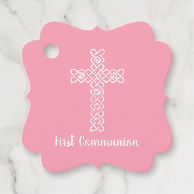 Étiquettes Cadeau Croix | Flamant rose Communion rose Baptême Christ (Devant)