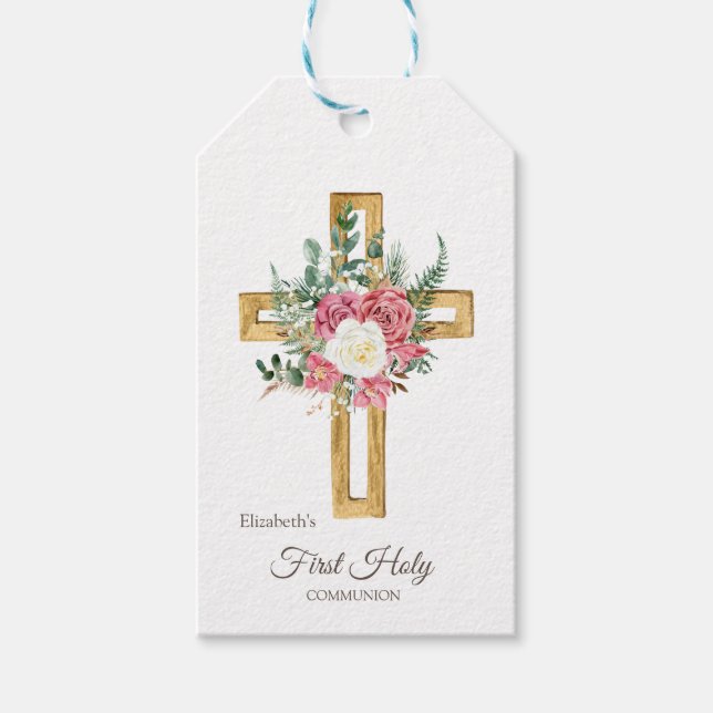 Étiquettes-cadeau Croix Florale d'or Première communion sainte (Devant)