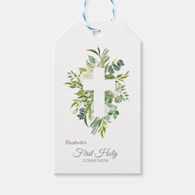 Étiquettes-cadeau Croix florale Feuilles première sainte communion (Devant)