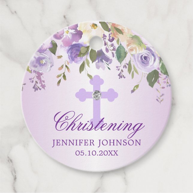 Étiquettes Cadeau Croix florale pourpre Baptême Merci (Devant)