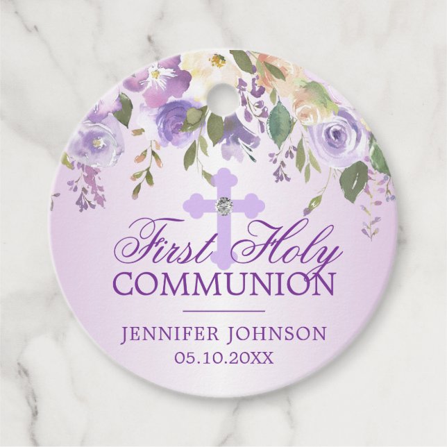 Étiquettes Cadeau Croix florale pourpre Premier Merci de communion s (Devant)