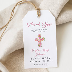 Étiquettes-cadeau Croix florale rose Communion solennelle religieuse